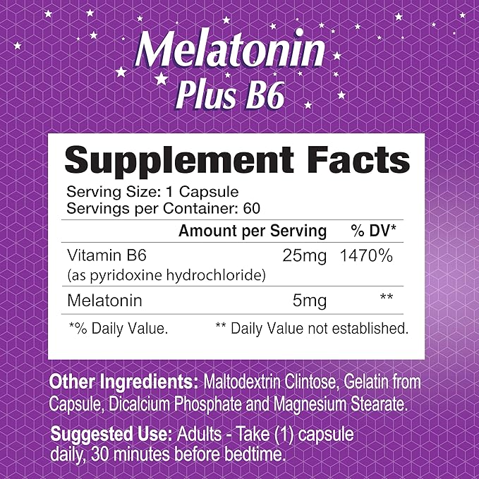 ALFA VITAMINS Melatonin Plus B-6 Supplement with 5MG Sleep Cycle Regulator - Cardiovascular Health - Immune System - 60 Capsules