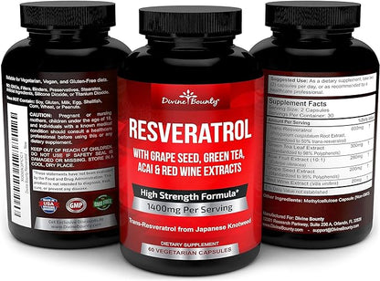 Resveratrol Supplement - 1400mg Extra Strength Formula with Grape Seed Extract, Green Tea Extract, Red Wine Extract - 60 Veggie Capsules