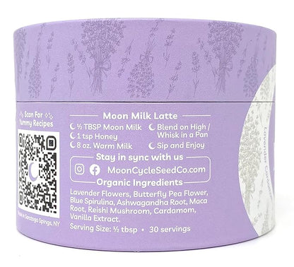 Moon Cycle Seed Company Lavender Moon Milk – Adaptogen Latte Mix, Lavender Superfood Latte Mix with Ashwagandha Powder, Reishi Mushroom, Maca Powder, and Blue Spirulina Powder, Makes 30 Servings