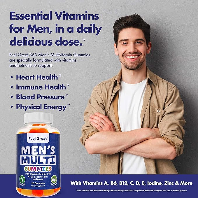 Feel Great Vitamin Co. Men's Multivitamin Gummies, Packed with Vitamin A, B-6, B-12, Biotin, C, D3, E, Iodine, Folic Acid, Zinc. Made in The USA. 45 Day Supply