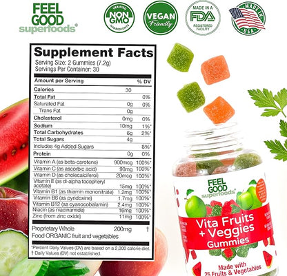 Vita Fruits and Veggies Supplements, Multivitamin Fruit and Vegetable Gummies, 25 Fruits and Vegetables, Watermelon and Apple Flavors, Vegan, Non-GMO, 60 Count