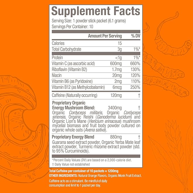 Om Mushroom Superfood Energy Plus Mushroom Powder Drink Mix, Citrus Orange, Single Serve, 10 Count, Mushroom Blend, Cordyceps, Yerba Mate, Tumeric, Vitamin B Complex, Pre-Workout, Immune Supplement