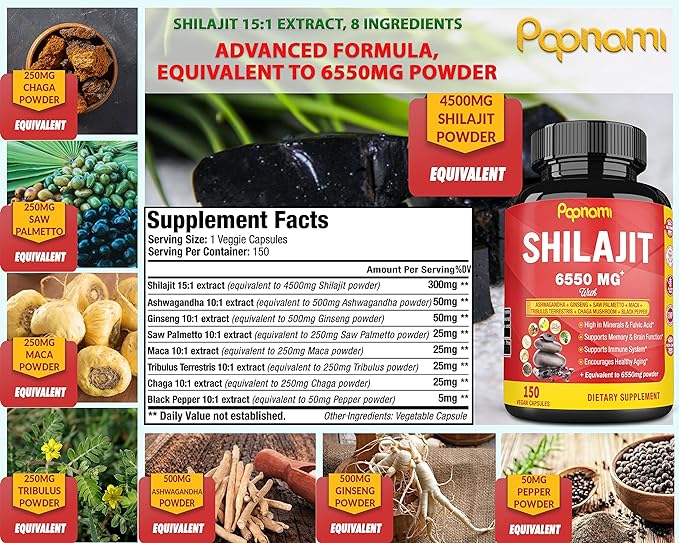 Shilajit Himalayan Supplement - 6550mg 150 Capsules Combined Ashwagandha, Ginseng, Saw Palmetto, Maca, Tribulus, Chaga & Black Pepper - 5 Month Supply for Strength, Stamina, Brain & Immune Health