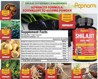 Shilajit Himalayan Supplement - 6550mg 150 Capsules Combined Ashwagandha, Ginseng, Saw Palmetto, Maca, Tribulus, Chaga & Black Pepper - 5 Month Supply for Strength, Stamina, Brain & Immune Health