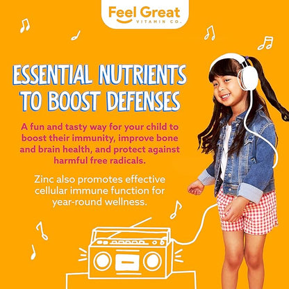 Feel Great Zinc Gummies for Kids | Bolster Your Child's Immune System with Yummy Kids Vitamins | Great Tasting Natural Flavor Gummy Supplement Vitamins | 60 Gummies