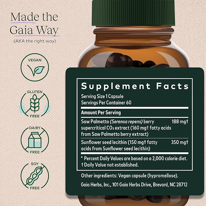 Gaia Herbs Saw Palmetto - Supports Healthy Prostate Function for Men - Contains Saw Palmetto and Sunflower Seed Lecithin to Support Men’s Health - 60 Vegan Liquid Phyto-Capsules (30-Day Supply)