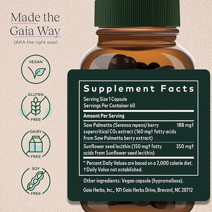 Gaia Herbs Saw Palmetto - Supports Healthy Prostate Function for Men - Contains Saw Palmetto and Sunflower Seed Lecithin to Support Men’s Health - 60 Vegan Liquid Phyto-Capsules (30-Day Supply)