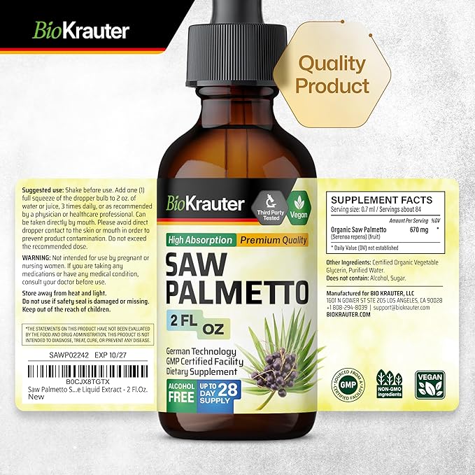 Saw Palmetto Tincture - Organic Saw Palmetto Supplement - Natural Prostate Health Support - Saw Palmetto for Men and Women - Alcohol & Sugar Free - Vegan Drops 2 Fl.Oz.