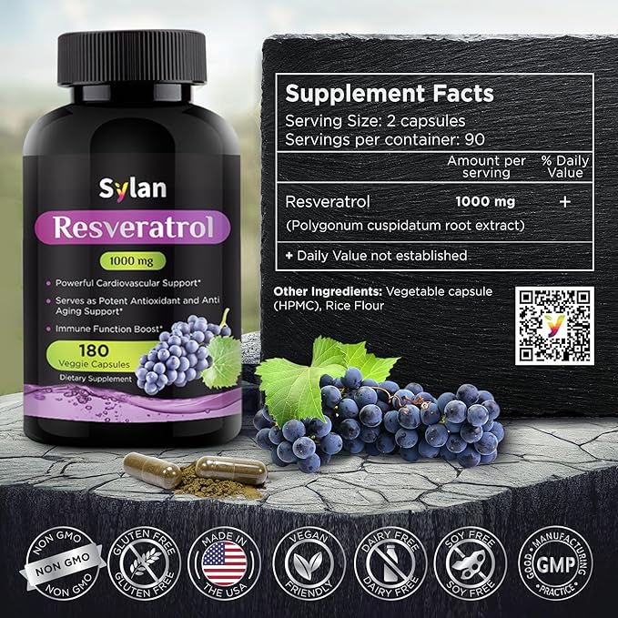 Trans Resveratrol Supplement 1000mg 180 Capsules Antioxidant Anti Aging Designed to Support in Cases of Heart Health, Joint and Brain Function & Immune System Health Veggie Non-GMO Made in USA