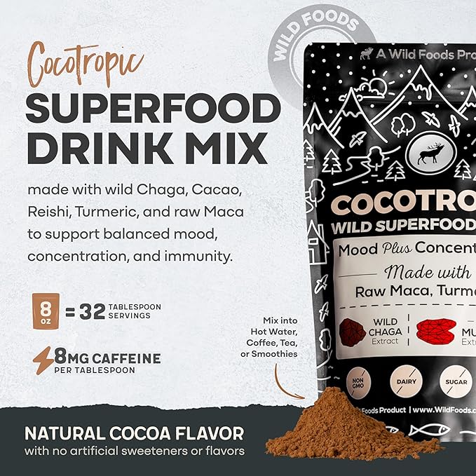 Organic Cacao Mushroom Chocolate Mix, 8 oz | Superfood Mushroom Blend, Non-GMO, Vegan, Gluten Free, Mood, Cold Processed, Reishi, Chaga, Maca, Turmeric (32 Servings)