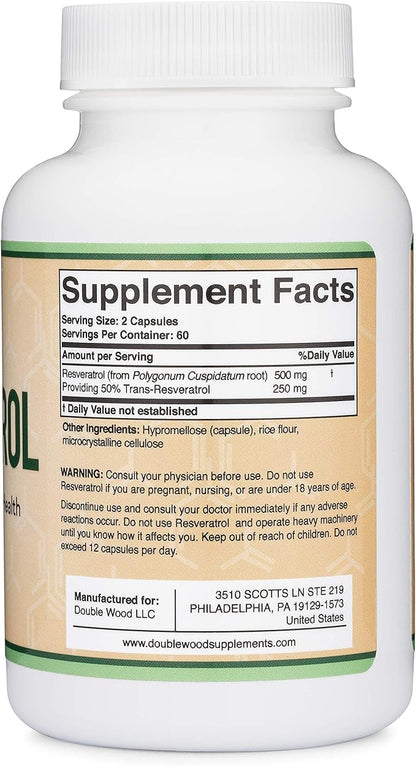 Resveratrol Supplement 500mg Per Serving, 120 Capsules (Resveratrol Polygonum Root Extract Providing 50% Trans Resveratrol) Healthy Aging Support by Double Wood