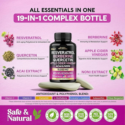 Resveratrol Supplement - 15000mg 19-in-1 Organic Polyphenol Complex - Noni Extract | Berberine | Quercetin | Apple Cider Vinegar | Acai - Made in USA - Antioxidant & Heart Health Support - 120 Caps