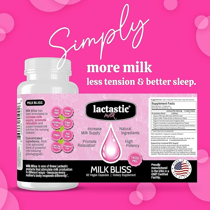 Lactastic® Milk Bliss™ - High Potency Organic Lactation Supplement - Organic Moringa, Milk Thistle, Passionflower & Valerian Root - 60 Vegan Capsules