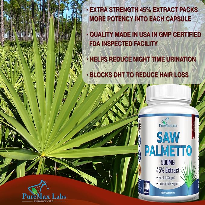 Extra Strength Saw Palmetto - 45% Extract Prostate Supplement, Decrease Frequent Urination, DHT Blocker for Hair Growth, Non-GMO, 100 Capsules