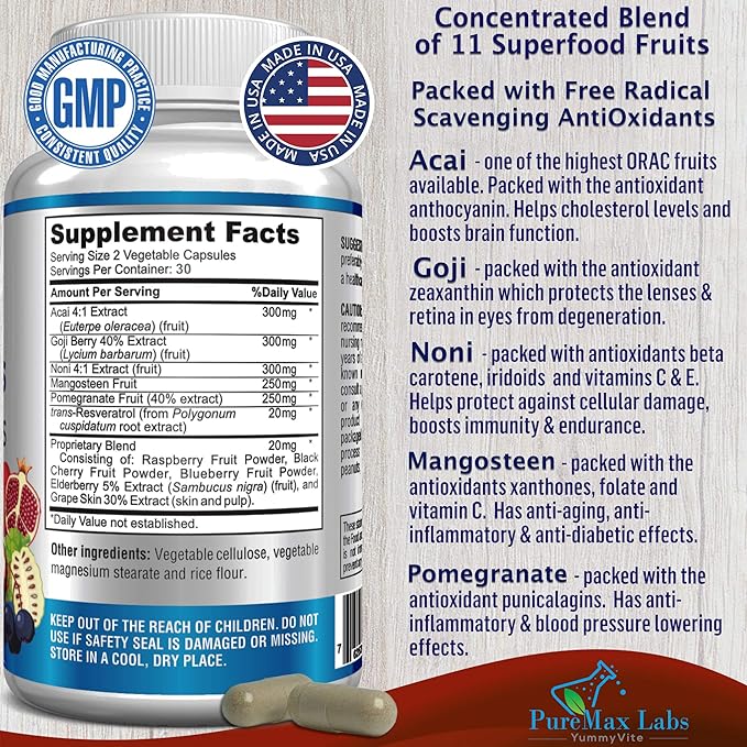 Super Antioxidant Fruit Superfood Complex - Powerful Antioxidant Superfruits, Acai, Goji, Noni, Mangosteen, Pomegranate, Elderberry, Resveratrol, Immune Support, Skin Care - 60 Capsules