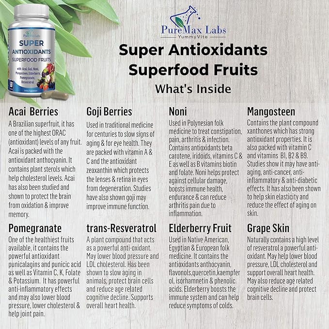 Super Antioxidant Fruit Superfood Complex - Powerful Antioxidant Superfruits, Acai, Goji, Noni, Mangosteen, Pomegranate, Elderberry, Resveratrol, Immune Support, Skin Care - 60 Capsules