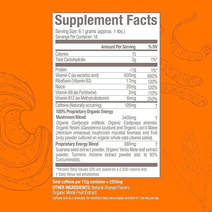 Om Mushroom Superfood Energy Plus Mushroom Powder Drink Mix, Citrus Orange, 4 Ounce, 18 Servings, Mushroom Blend, Cordyceps, Yerba Mate, Tumeric, Vitamin B Complex, Pre-Workout, Immune Supplement