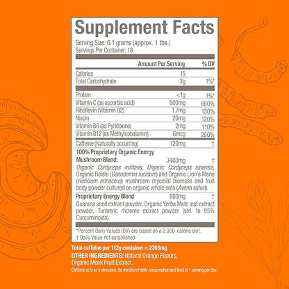 Om Mushroom Superfood Energy Plus Mushroom Powder Drink Mix, Citrus Orange, 4 Ounce, 18 Servings, Mushroom Blend, Cordyceps, Yerba Mate, Tumeric, Vitamin B Complex, Pre-Workout, Immune Supplement