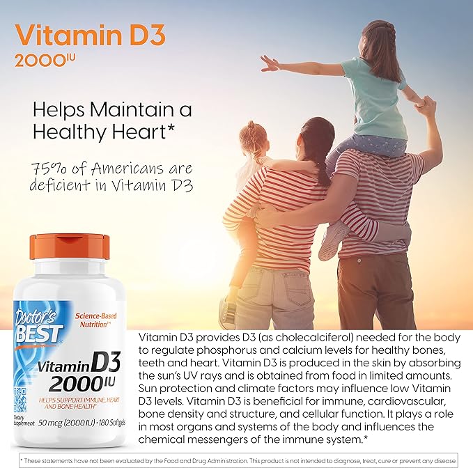 Doctor's Best Vitamin D3 2 000 IU Healthy Bones Teeth Heart Immune Support NonGMO GlutenFree Soy Free , 180 Count