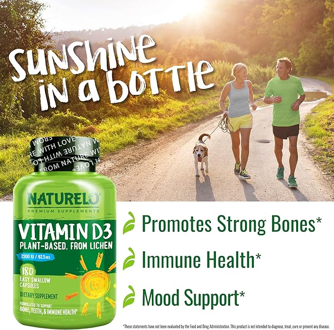 NATURELO Vitamin D - 2500 IU - Plant Based from Lichen - Natural D3 Supplement for Immune System, Bone Support, Joint Health - Vegan - Non-GMO - Gluten Free - 180 Mini Capsules