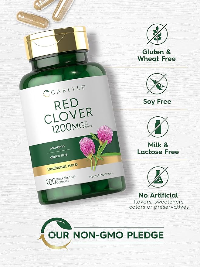 Carlyle Red Clover Capsules 1200mg | 200 Count | Trifolium Pratense | Non-GMO, Gluten Free | Red Clover Blossom Extract Supplement