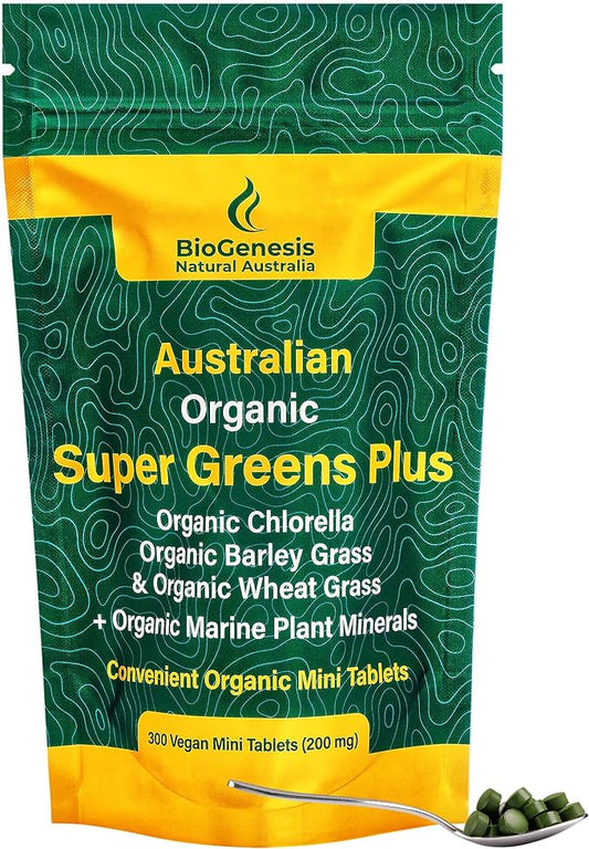 Biogenesis Organic Super Greens Plus | Australian Organic, Chlorella, Barley Grass & Wheat Grass + Organic MM | Chlorophyll-Rich, Vitamins, Minerals, Chlorella Growth Factor | 300 Vegan Mini Tablets