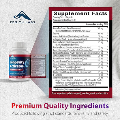 Zenith Labs Longevity Activator Anti-Aging Supplement Dietary Supplement, Natural Antioxidants with Resveratrol - Supports Immune Function and Healthy Memory, 6 Pack