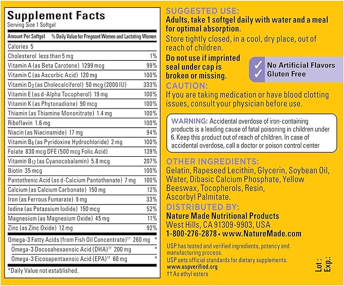 Nature Made Postnatal Multivitamin + DHA 200 mg, 60 Softgels, to Support Nursing Moms & Babies During Breastfeeding, Postnatal Vitamins & Nutrients Include Iron, Vitamin D3, Calcium, Iodine