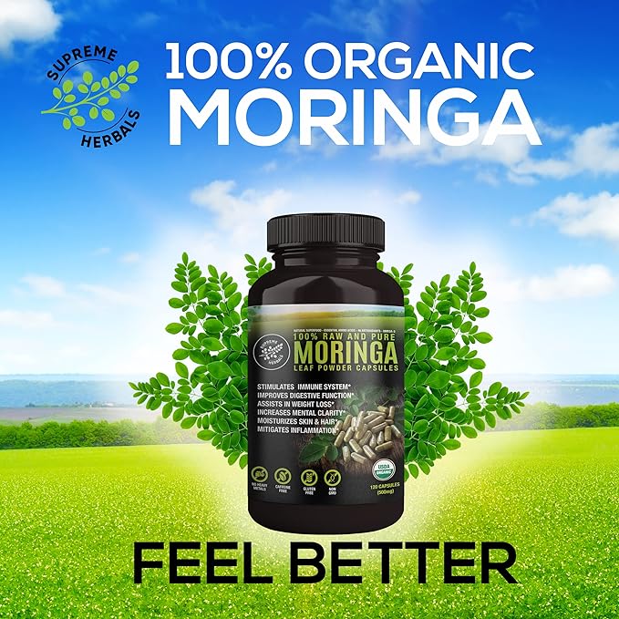 100% Raw and Pure Moringa Leaf Powder Capsules. Organic Certified Moringa Leaf. Natural Superfood with Essential Amino Acids, Antioxidants and Omega 3, 500mg, 120 Capsules.