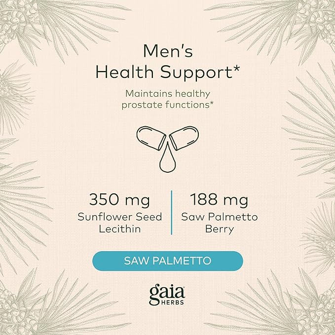 Gaia Herbs Saw Palmetto - Supports Healthy Prostate Function for Men - Contains Saw Palmetto and Sunflower Seed Lecithin to Support Men’s Health - 60 Vegan Liquid Phyto-Capsules (30-Day Supply)