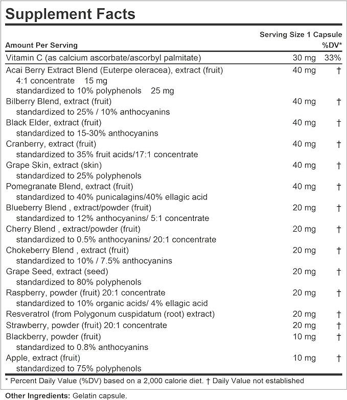 ANDREW LESSMAN Fruit Full Anti-Oxidant Extracts 30 Capsules - 14 Natural Fruit and Berry Extracts. Bilberry, Cranberry, Grape Seed, Pomegranate, Resveratrol, and More. Easy to Swallow Capsules