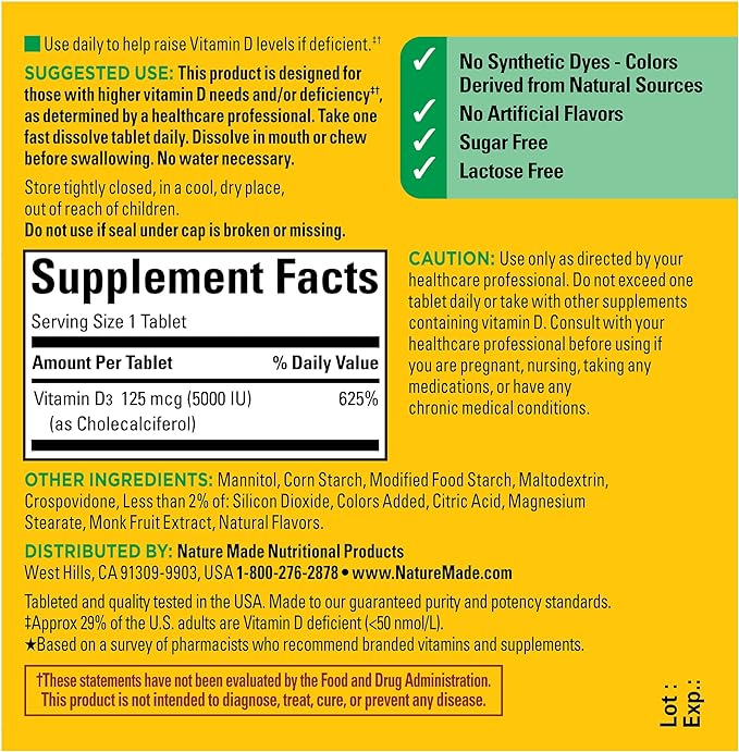 Nature Made Extra Strength Vitamin D3 5000 IU (125 mcg), Vitamin D Supplement for Bone, Teeth, Muscle, Immune Health Support, 70 Sugar Free Fast Dissolve Tablets, 70 Day Supply