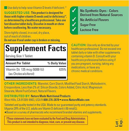 Nature Made Extra Strength Vitamin D3 5000 IU (125 mcg), Vitamin D Supplement for Bone, Teeth, Muscle, Immune Health Support, 70 Sugar Free Fast Dissolve Tablets, 70 Day Supply