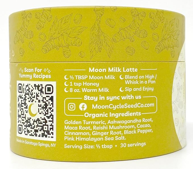 Moon Cycle Seed Company Golden Moon Milk – Adaptogen Latte Mix, Golden Milk Powder Latte Mix with Ashwagandha Powder, Reishi Mushroom, Maca Powder, Cacao and Turmeric, Makes 30 Servings