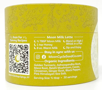 Moon Cycle Seed Company Golden Moon Milk – Adaptogen Latte Mix, Golden Milk Powder Latte Mix with Ashwagandha Powder, Reishi Mushroom, Maca Powder, Cacao and Turmeric, Makes 30 Servings