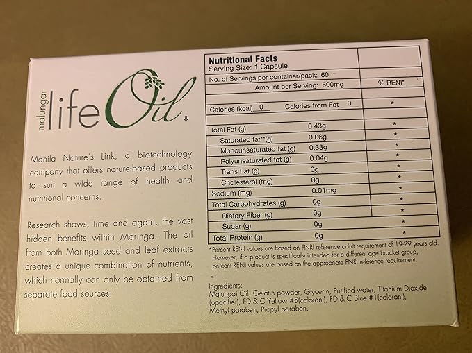 Malungai Moringa Oleifer LIFE OIL Food Supplement (soft gel capsule not powder) 1 box 1000mg/serving Natural Super Food As Seen On TV and Facebook - Distributed in USA