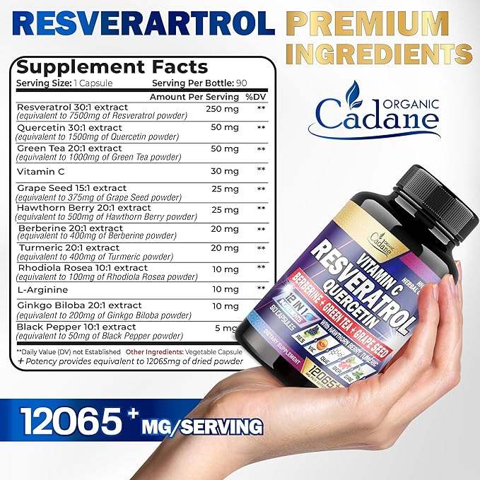 12065mg Resveratrol Supplement - 90 Capsules 3 Month for Healthy Aging, Immune, Brain & Joint Support - 12in1 Blended with VIT.C, Quercetin, Berberine, Turmeric, Green Tea & More