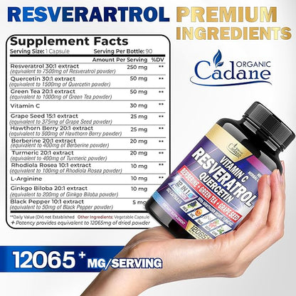 12065mg Resveratrol Supplement - 90 Capsules 3 Month for Healthy Aging, Immune, Brain & Joint Support - 12in1 Blended with VIT.C, Quercetin, Berberine, Turmeric, Green Tea & More