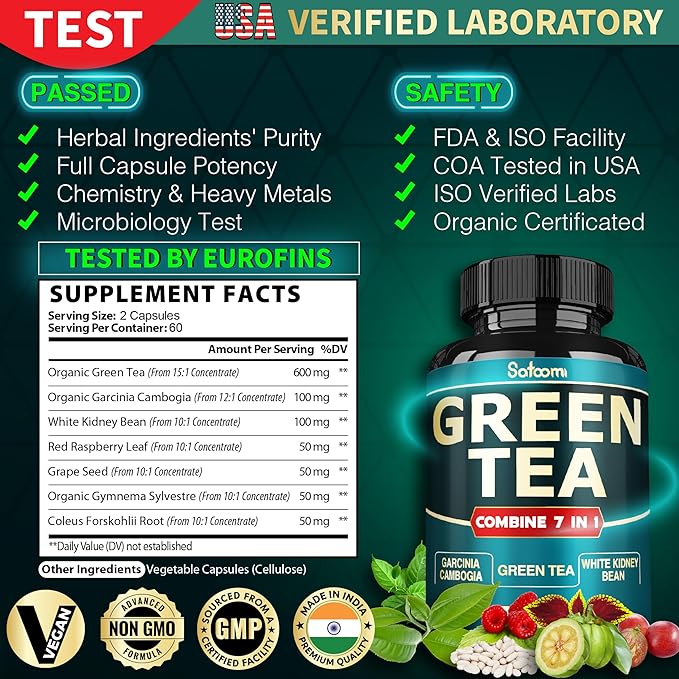 13x Green Tea Extract Capsules 13200mg per Serving with Garcinia Cambogia, Kidney Bean, Raspberry, Grape Seed, Gymnema & Forskohlii - Support Body Management, Mind & Immunity System - 120 Capsules