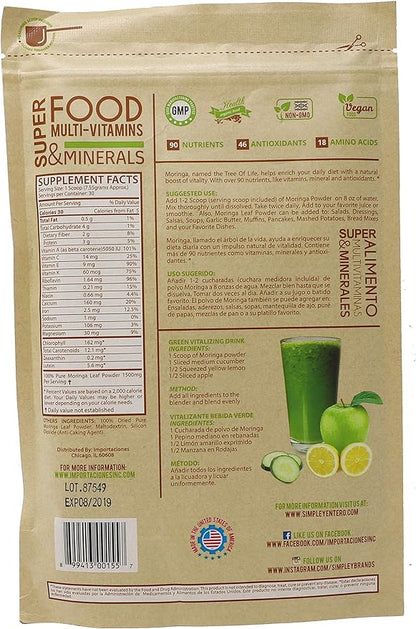 Moringa, 100% Pure Leaf Powder, Vegan, Non-GMO, 8 Oz, Bag