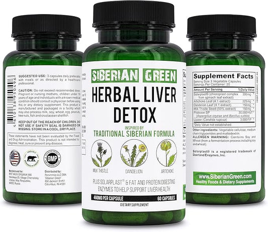 Herbal Liver Detox with Milk Thistle Artichoke Dandelion 60 Capsules – Traditional Siberian Formula Plus Enzymes to Support Liver Health