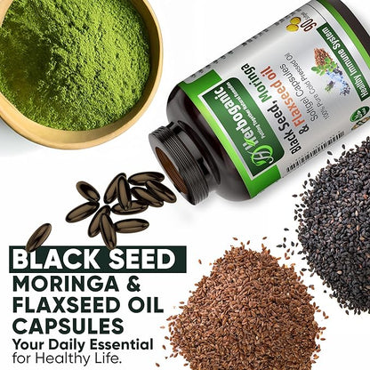 Black Seed, Moringa and Flaxseed Oil Softgels Capsules - 90 Count - Blended with Other Herbal Products-Supports Overall Health Wellness and Immunity.