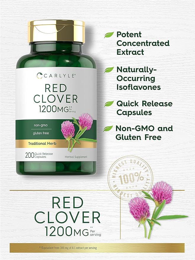 Carlyle Red Clover Capsules 1200mg | 200 Count | Trifolium Pratense | Non-GMO, Gluten Free | Red Clover Blossom Extract Supplement