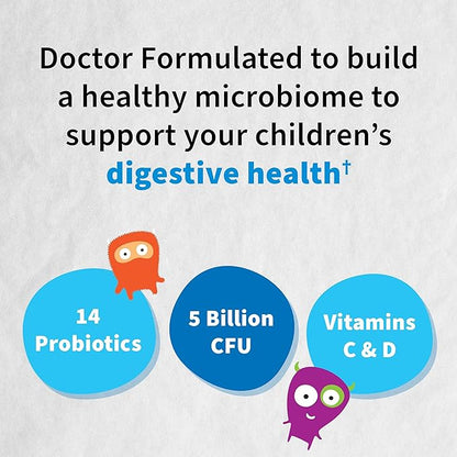 Garden of Life Dr. Formulated Probiotics Organic Kids+ Plus Vitamin C & D - Strawberry Banana., 5 Billion CFU Gluten Dairy & Soy Free Immune & Digestive Health Supplement, No Added Sugar, 30 Chewables