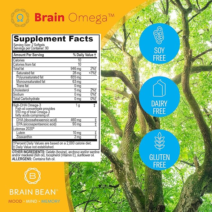 Brain Omega with Lutein & Zeaxanthin, Supports Heart and Eye Health, | Omega 3 Plus Lutein and Zeaxanthin Supplements 460 mg DHA 90 mg EPA Lutein and Zeaxanthin | 180 Softgels, 90 Servings