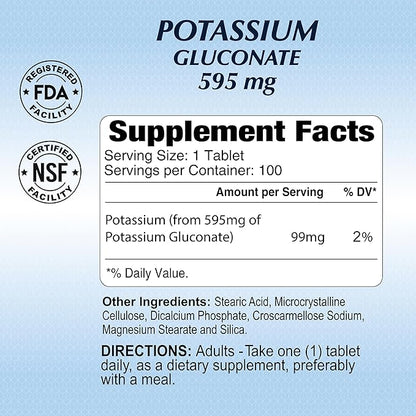 Potassium Gluconate 595 Mg by Alfa Vitamins - Supports Heart Function & Promotes Muscle acitvity - 100 Tablets