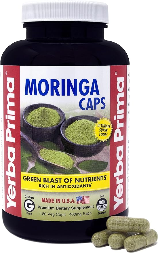 Yerba Prima Moringa, 180 Count Veg Caps - 400mg of Pure, Dried Leaf Powder, Green Blast of Nutrients, Rich in Antioxidants, 100% Pure, Super Food, Non-GMO, Vegan Friendly, Gluten-Free, USA Made