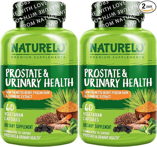 NATURELO Prostate & Urinary Health, Comprehensive Formula with Saw Palmetto, Pygeum, Tumeric, Plant Sterols, Broccoli and Lycopene, 120 Vegetarian Capsules