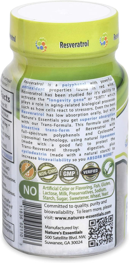 Nature's Essentials Resveratrol 500mg | Full Spectrum Trans-Resveratrol | Advanced Cyclosome Liposomal Delivery | Non-GMO, Gluten Free, Vegetarian | 90 Tablets