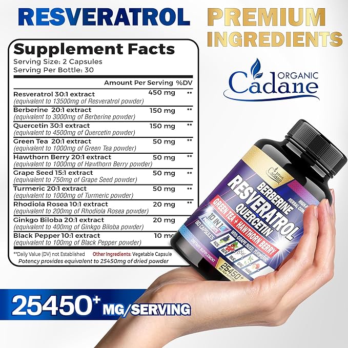 Premium Resveratrol Supplement 25450mg - Healthy Aging, Heart, Brain & Immune Support - 10in1 with Quercetin, Berberine, Green Tea, Turmeric, Black Pepper & More - 60 Capsules for 1 Month